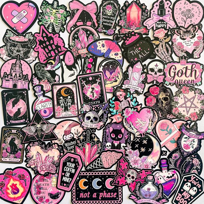 50-Piece Pink Goth Witch Sticker - Pastel Gothic Stickers with Skulls, Crystals, Cats, Tarot Cards, Spooky Quotes - Waterproof Vinyl for Laptops, Scrapbooks, Water Bottles - skull sticker