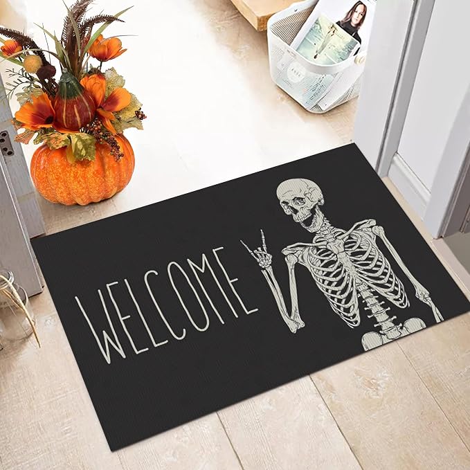 Skull Door Mat Funny Halloween Doormat Indoor Outdoor Entrance Welcome Mats Non-Slip Rug for Home Farmhouse Decor 17 X 29 Inch - skull floor mat