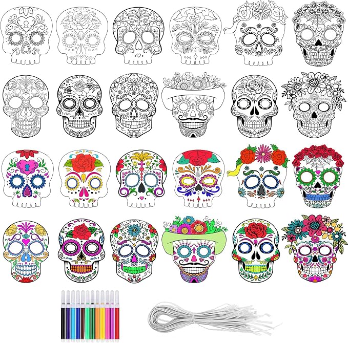 MineIdea 24 Pack Day of the Dead DIY Masks, Color You Own Sugar Skull Mask Painting Dia De Muertos Halloween Paper Masks with 12 Watercolor Pens and Elastic Headbands for Halloween Party, Crafts - sugar skull costume