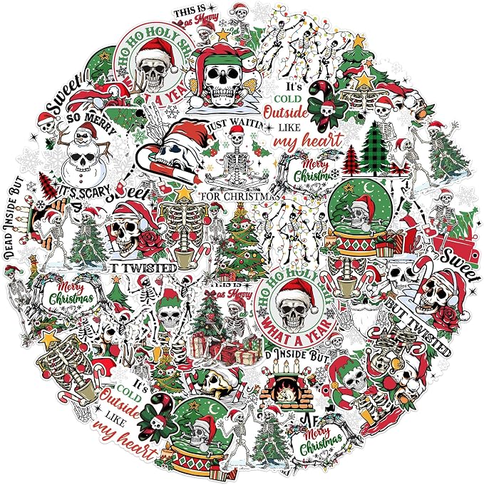 Serencatcher 100Pcs Christmas Skeleton Stickers for Scrapbooking, Funny Skull Christmas Stickers Bulk for Gothic Xmas Winter Holiday Halloween Party Favors Bottle Laptop Luggage Skateboard - skeleton