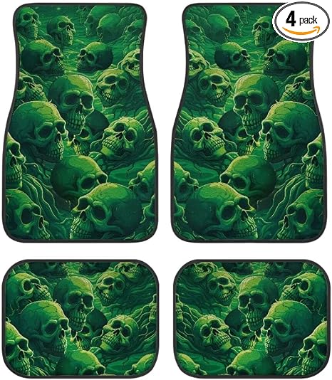 Green Skulls Print Skull Car Floor Mats,Front & Rear Automotive Floor Mats,Universal Fit Design，4 Pieces - skull floor mat