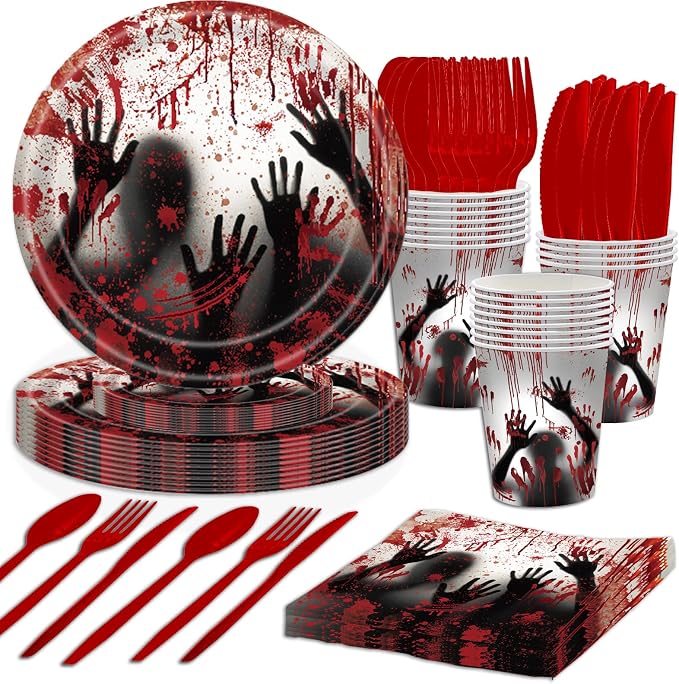 168 Pcs Bloody Halloween Supplies Serve 24 Zombie Horror Halloween Birthday Party Decorations Scream Bloody Good Time Party Plates and Napkins Dinnerware Set Horror Movie Decorations - skull plate