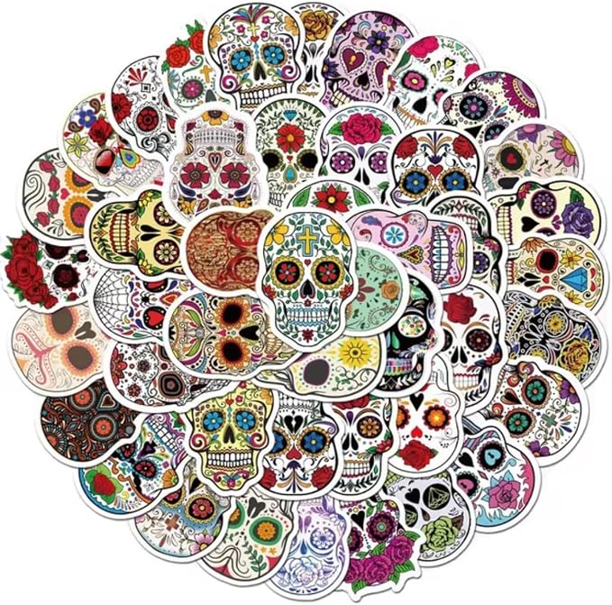 Vibrant 50-Pack Sugar Skull Sticker Pack – Perfect for Crafting, Decorating, and Celebrating Day of the Dead - skull sticker