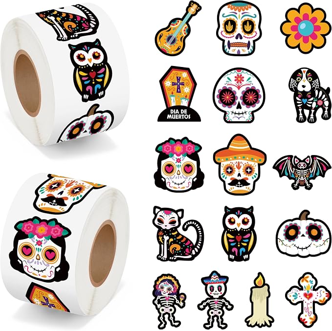BeYumi Sugar Skull Roll Stickers - 1000Pcs Day of The Dead Stickers in 2 Rolls Dia de Los Muertos Sugar Skull Decals for Kids Halloween Mexican Festival Party Supplies Classroom Guitar Bottle Decor - skull sticker