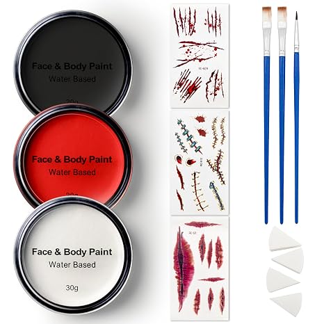 Halloween Face Painting Kit with Temporary Tattoo, Water Based Paint - sugar skull makeup