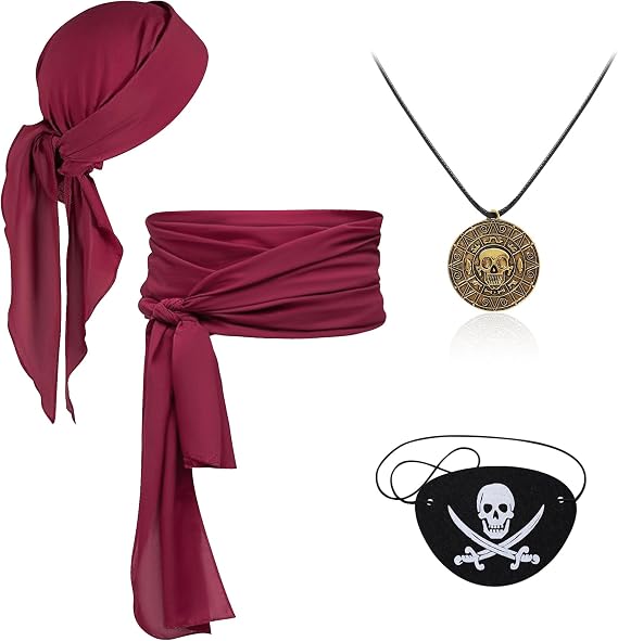 Pirate Costume 4Pcs Women Men Halloween Pirate Accessories Cosplay Waist Belt Bandana Hat Eye Patch Necklace - skull wallet