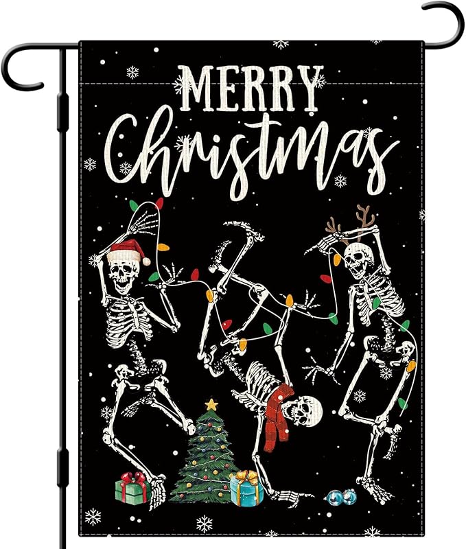 DLZDN Merry Christmas Skeleton Garden Flag Funny Skull Garden Flag 12×18 Inch Double Sided Vertical Burlap Farmhouse Yard Flag Christmas Winter Outdoor House Decoration - skeleton