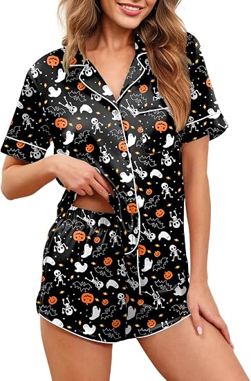 Ekouaer Womens Silk Satin Pajamas Set Short Sleeve Sleepwear S-5X Plus Size - skull pajamas