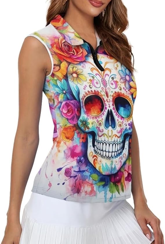 Irisjudy 1/4 Zip Up Tennis Golf T-Shirts for Women Novelty Animals Floral Lightweight Sleeveless Collared Tank Top Quick Dry - skull tshirt