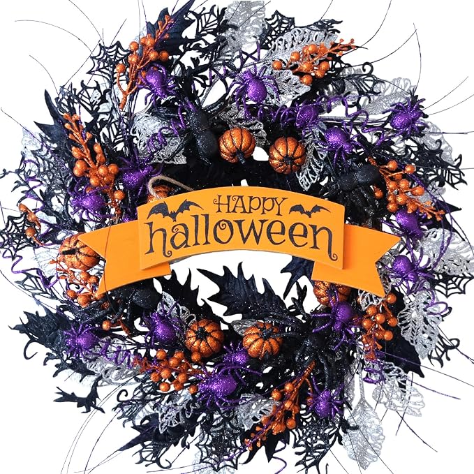 22 Inch Halloween Glitter Pumpkin Spider Wreath for Front Door - skull wreath