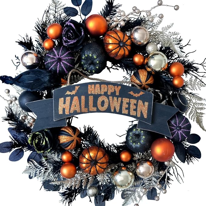 24“ Halloween Black Glitter Pumpkin with Balls Wreath for Front Door - skull wreath