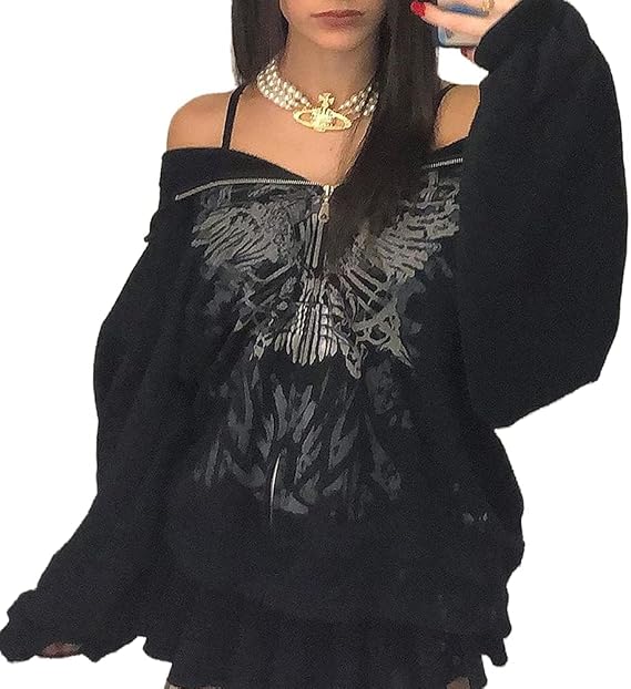 Aopwsrlyi Women's Y2K Zip Up Hoodies Gothic Vintage Graphic Print Sweatshirt Oversized Long Sleeve Casual Jackets Streetwear - skull jacket