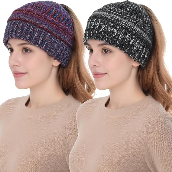 Women Ponytail Beanie 2-Pack, Thick Thermal Soft Acrylic Winter Skull Cap - skull watch