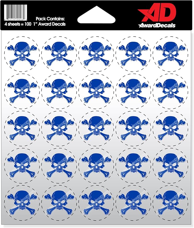 Award Decals Skull & Crossbone Lt. Royal Blue 100 1" 20mil Made in USA - skull sticker