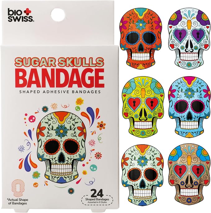 BioSwiss Bandages, Sugar Skull Shaped Self Adhesive Bandage Set, Latex Free, Sterile Wound Care, 24 Count - skull sticker