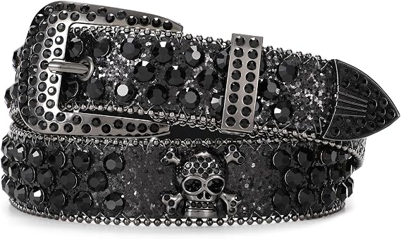 Rhinestone Belt Goth Bling Belts for Women Men Sparkly Western Cowboy Belt - skull wallet