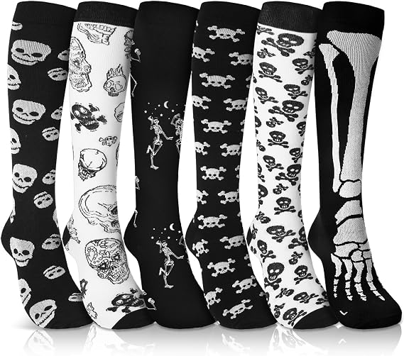 Fourluoo 6 Pairs Halloween Compression Socks Gothic Socks for Nurses - sugar skull costume