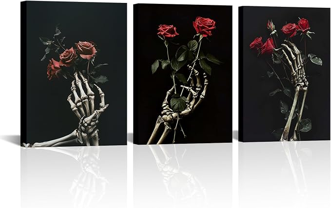 ChaudArt 3 Pieces Black and Grey Skull Wall Decor Pictures Skull Hand with Red Flowers Art Painting Halloween Decoration for Bedroom Living Room