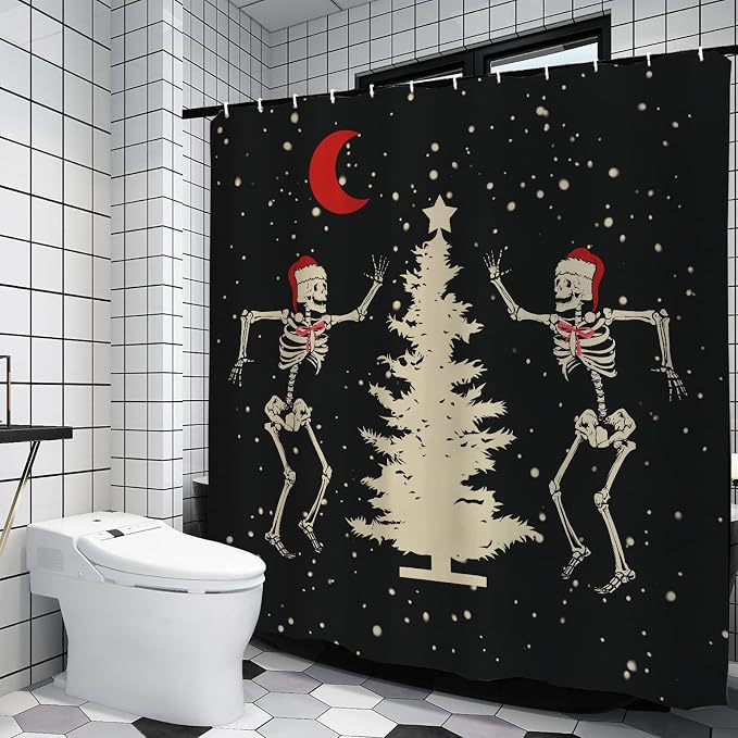 Christmas Shower Curtain Funny Skeleton Xmas Tree Red Moon Shower Curtains Sets with Hooks Seasonal Winter Xmas Indoor Bathroom Decorations 71x71 Inch - skeleton