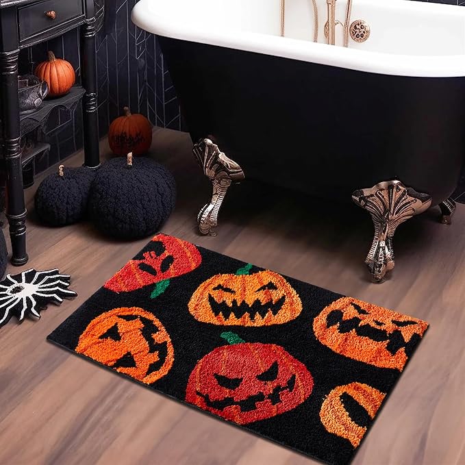 Cute Pumpkin Fall Halloween Bath Mat 16 x 24 Microfiber Shaggy Spooky Creepy Gothic Halloween Bathroom Rug Non Slip Washable, Fun Jack-O'-Lantern Halloween Shower Bath Rug Bathroom Decor - skull floor mat