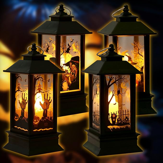 Halloween Lanterns Decorations 4 Pack, Battery Operated Black Pumpkin Witch Lanterns, Flickering Light for Indoor Party Home Decor