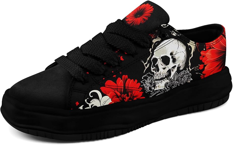 Gothic Skull Canvas Sneakers Unisex Lace-Up Punk Shoes for Streetwear, Casual Walking or Halloween - sugar skull boots