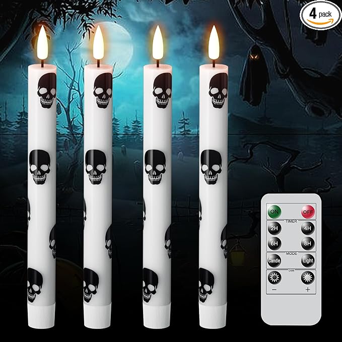 GenSwin Halloween Flameless Taper Candles Remote Timer, 4 Pack Real Wax LED Taper Candles Battery Operated Flickering with Skull Prints, Flameless Candlesticks for Halloween Decor(0.75”x 9.65”) - skull candle