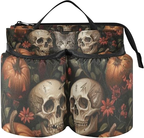 Luggage Cup Holder for Suitcase Drink Holder Carry on Travel Cup Holders Attachment Portable Free Hand Caddy Bag Beverage Handle Halloween Cat Skulls Flowers Pumpkin Black - skull suitcase