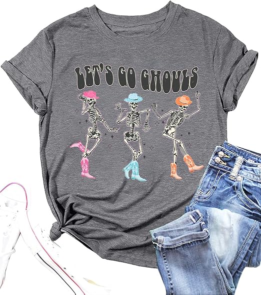 Let's Go Ghouls Shirt Women Halloween Dancing Skeleton Ghost Graphic Tee Funny Letter Print Short Sleeve T-Shirt - sugar skull boots