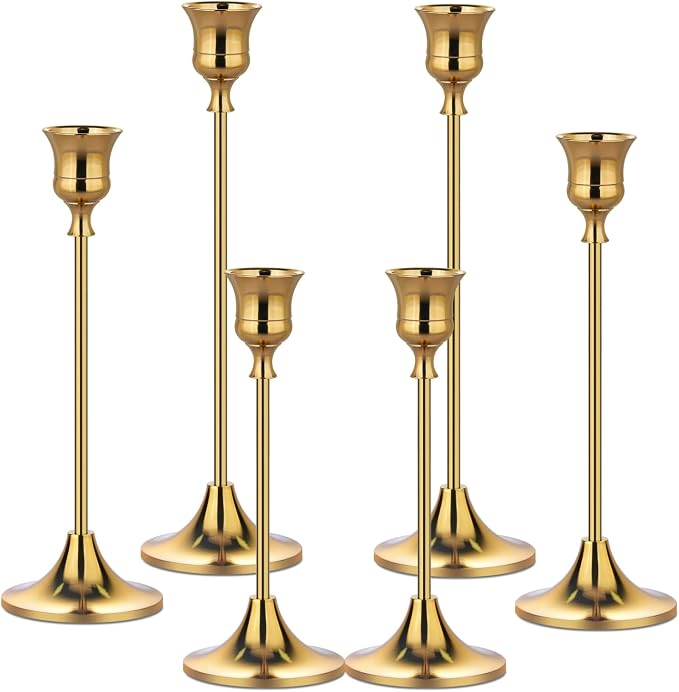 Metal Candle Holders for Candlesticks Taper Candlestick Holders Set Vintage Decorative Centerpiece Candelabra Tall Candle Stands (Gold, 2 Sets (6 pcs)) - skull candle