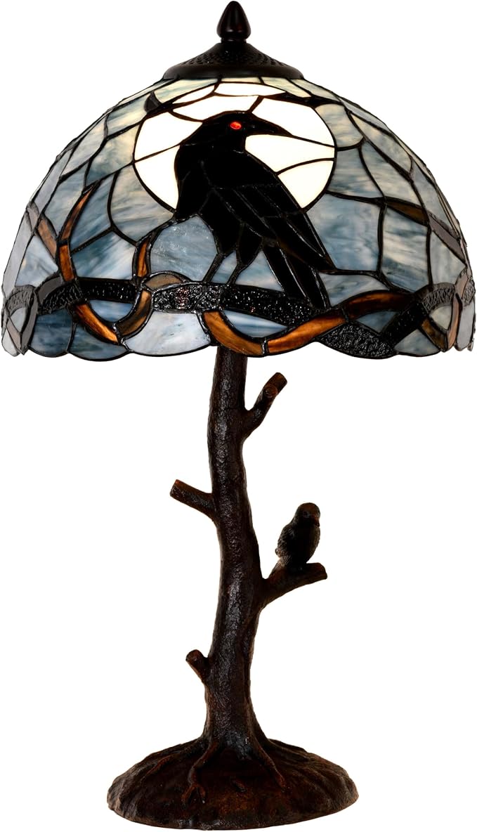 Bieye L10956 Tiffany Style Stained Glass Raven Table Lamp (Blue, 12Wx20H)