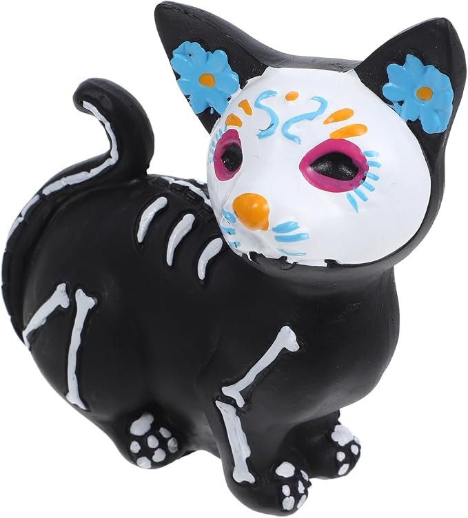 TOYANDONA Day of The Dead Dog and Cat Figurine, Halloween Statue Sugar Skulls Animal Statue Resin Crafts Skeleton Sculpture for Halloween Home Desk Decorations (Day of The Dead Cat) - sugar skull ornament