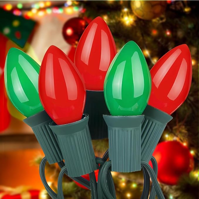 C7 Vintage Christmas Lights Outdoor , 25FT Red and Green Christmas String Lights with 25 C7 Incandescent Bulbs + 2 Spare Bulbs C7/E12 Connectable for Indoor Outdoor Roofline Patio Christmas Decor - string light