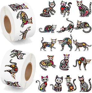 BeYumi Skeleton Cat Roll Stickers - 1000Pcs Day of The Dead Skeleton Cat Stickers in 2 Rolls Dia de Los Muertos Decals for Kids Halloween Mexican Festival Party Supplies Bottle Goodie Bags Box Decor - skull sticker