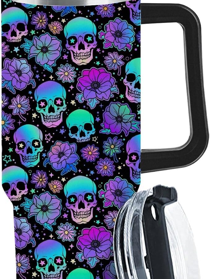 generic Sugar Skull Flower 40oz Tumbler With Handle Gifts For Aunt Skinny Wine Tumbler For Office, White - sugar skull handbags for sale