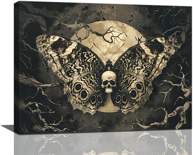 xiilo Gothic Skull Wall Art Spooky Skeleton Butterfly Pictures Decor Goth Moon Horror Canvas Painting Home Artwork Decorations for Halloween Bathroom Living Room Bedroom 16×12 inch