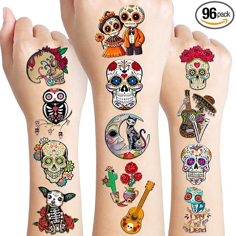 96 PCS Day of The Dead Dia De Los Muertos Pre-cut Temporary Tattoos - sugar skull makeup