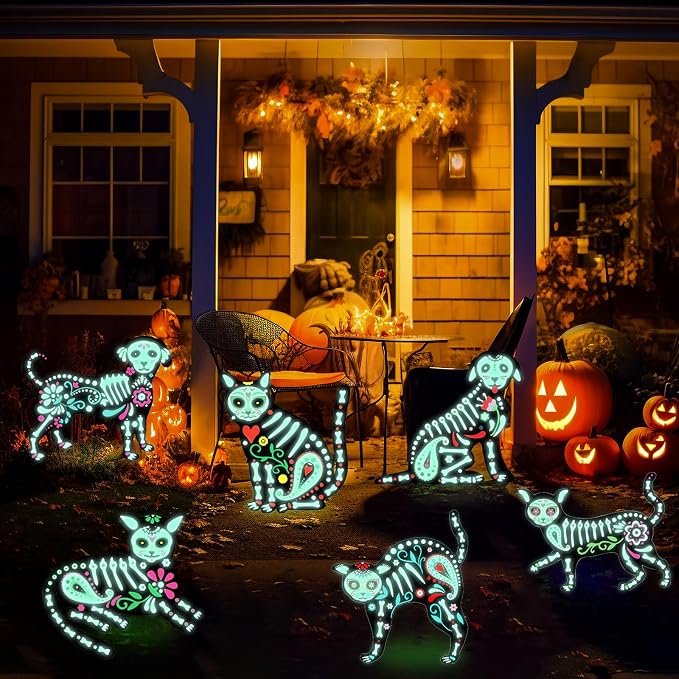 6PCS Day of The Dead Outdoor Decorations Yard Signs Glow in The Dark - skull carpet