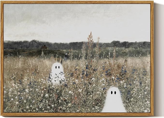 InSimSea Framed Canvas Prints Art Ghost Decor, Vintage Halloween Meadow with Flowers Painting, Spooky Gothic Decor, Rustic Landscape Pictures for Living Room, 12x16inch - skull painting