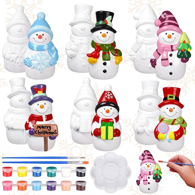 Eersida 6 Sets Ceramic Snowman Gnomes DIY Paint Kit Winter Figurines - skull painting
