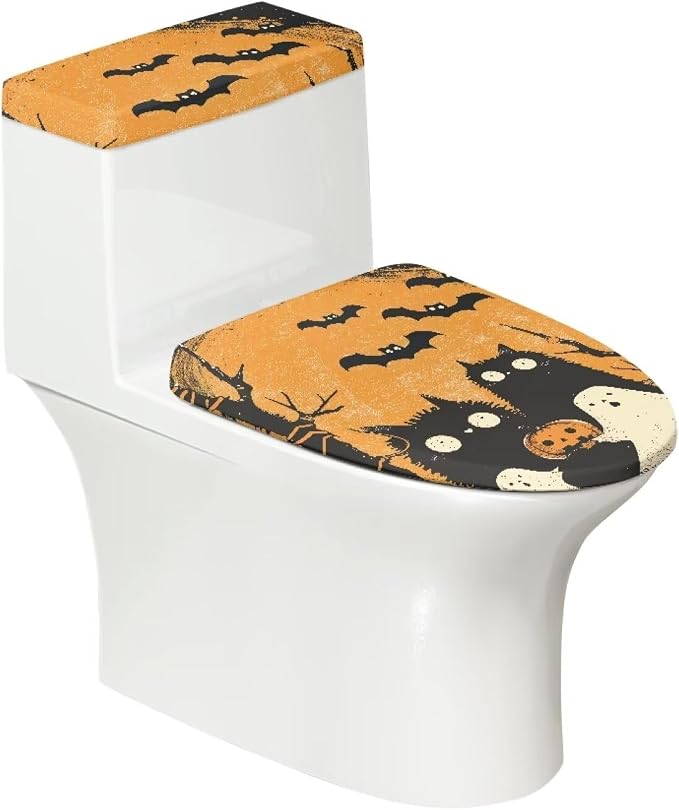 Halloween Ghost Bat Toilet Lid Cover Anti Splash Dust Resistant Covers with Elastic Edge Stretchable Toilet Seat Covers Keep Bathroom Toilet Clean - skull toilet paper