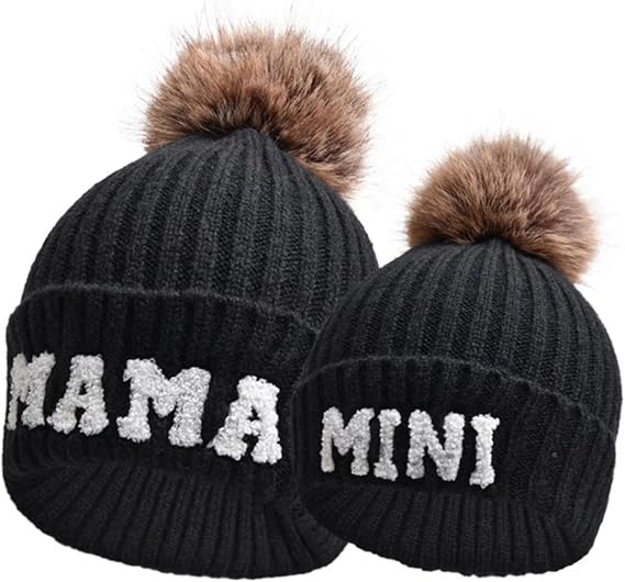 Kunyeah 2PCS Parent-Child Beanie Hat Women Embroidery Knitted Hat Mama and Baby Matching Hats Winter Warm Cap with Pom-Pom - skull jacket