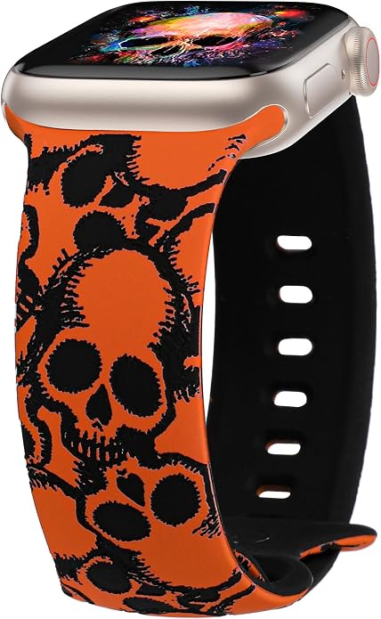 Wearlizer Halloween Skull Engraved Band Compatible with Apple Watch Bands 40/38/41/42/49/45/46/44mm Women, Cute Two-Tone Soft Silicone Sport Strap for iWatch Series 12 11 10 9 8 7 6 5 4 SE/Ultra 3 2 1 - skull watch