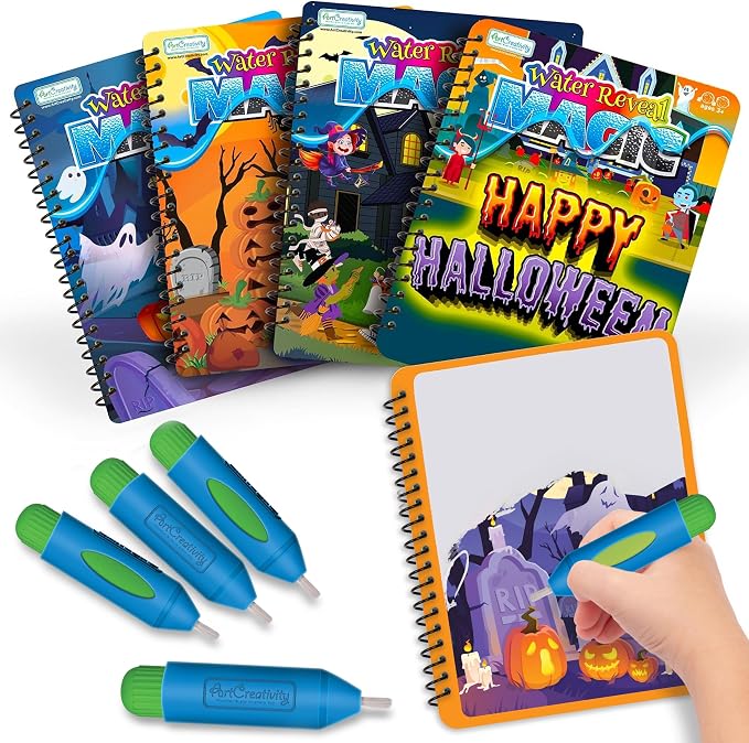 Halloween Boo Basket Stuffers for Toddlers, 4 Pack Halloween Water Coloring Books for Kids, Halloween Activities for Kids, Halloween Crafts for Toddlers, Toddler Travel Essentials, Toddler Gift Toys - skull painting