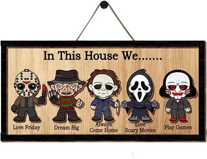 In This House We Horror Halloween, 2 Layered Frame Wood Sign, Halloween Signs, Wall Hanging Scary Decorations, Haunted Party, Spooky Movie Characters decor for Indoor Outdoor Wall Desk (HANG) - skull wall art