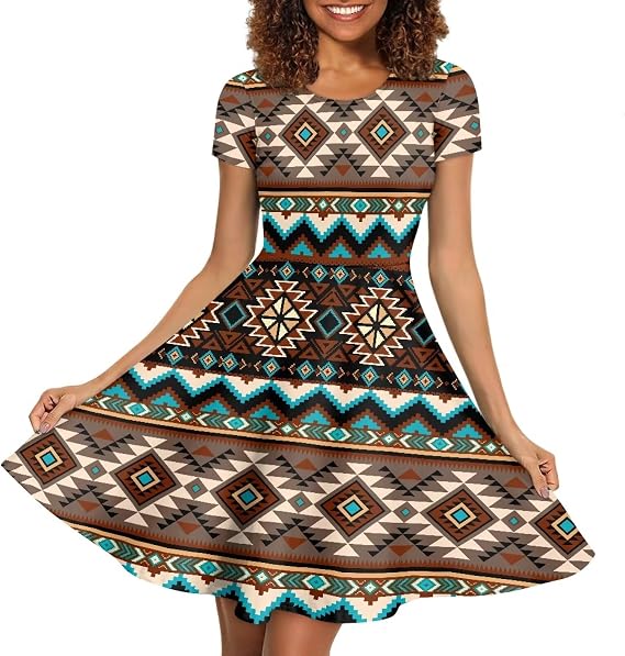 HUGS IDEA Womens Puffy Swing Midi Dress Round Neck Short Sleeve Party A-Line Dresses - sugar skull dress
