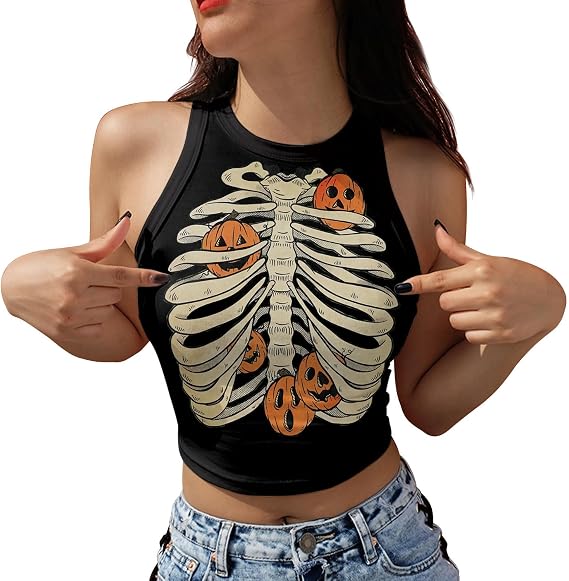 Halloween Pumpkin Shirts for Women Y2K Halter Crop Top Cute Spooky Season Ghost Tank Top - skull tank tops