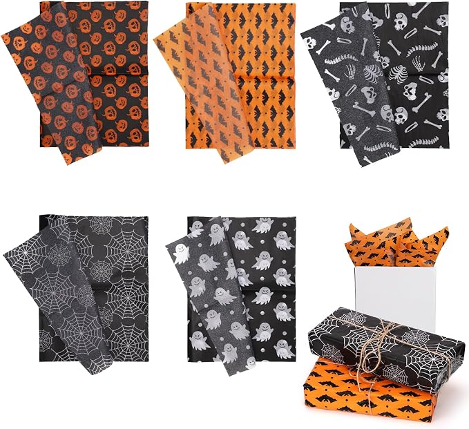 XIHIRCD 30 Sheets Halloween Packaging Tissue Papers, 5 Styles - skull toilet paper
