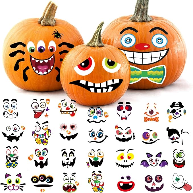 Aowplc Halloween Pumpkin Face Stickers for Kids, 32 Small Faces - skull sticker