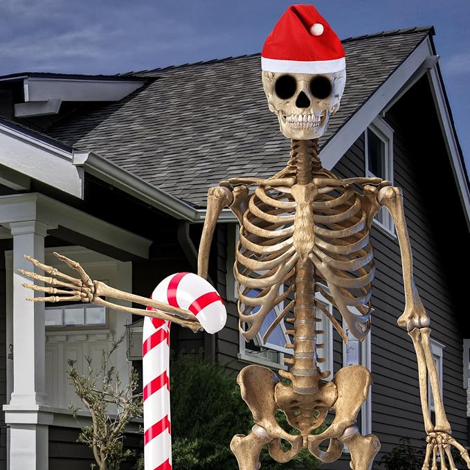 2 Pcs 12 ft Giant Christmas Skeleton Outfit with Santa Hat Candy Cane - skeleton